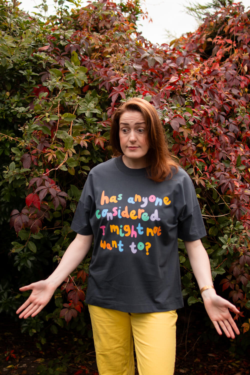 Eco-printed Has anyone considered I might not want to? Oversized Charity Tee, with Maddy Lucy Dann, Worldwide Shipping