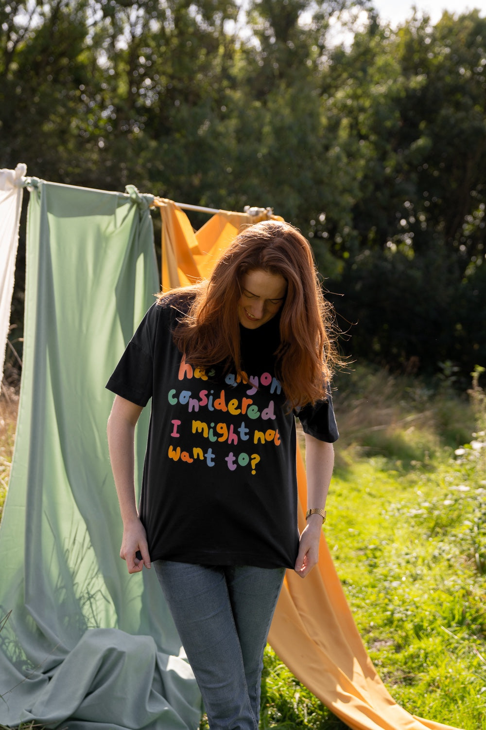 Eco-printed Has anyone considered I might not want to? Oversized Charity Tee, with Maddy Lucy Dann, Worldwide Shipping