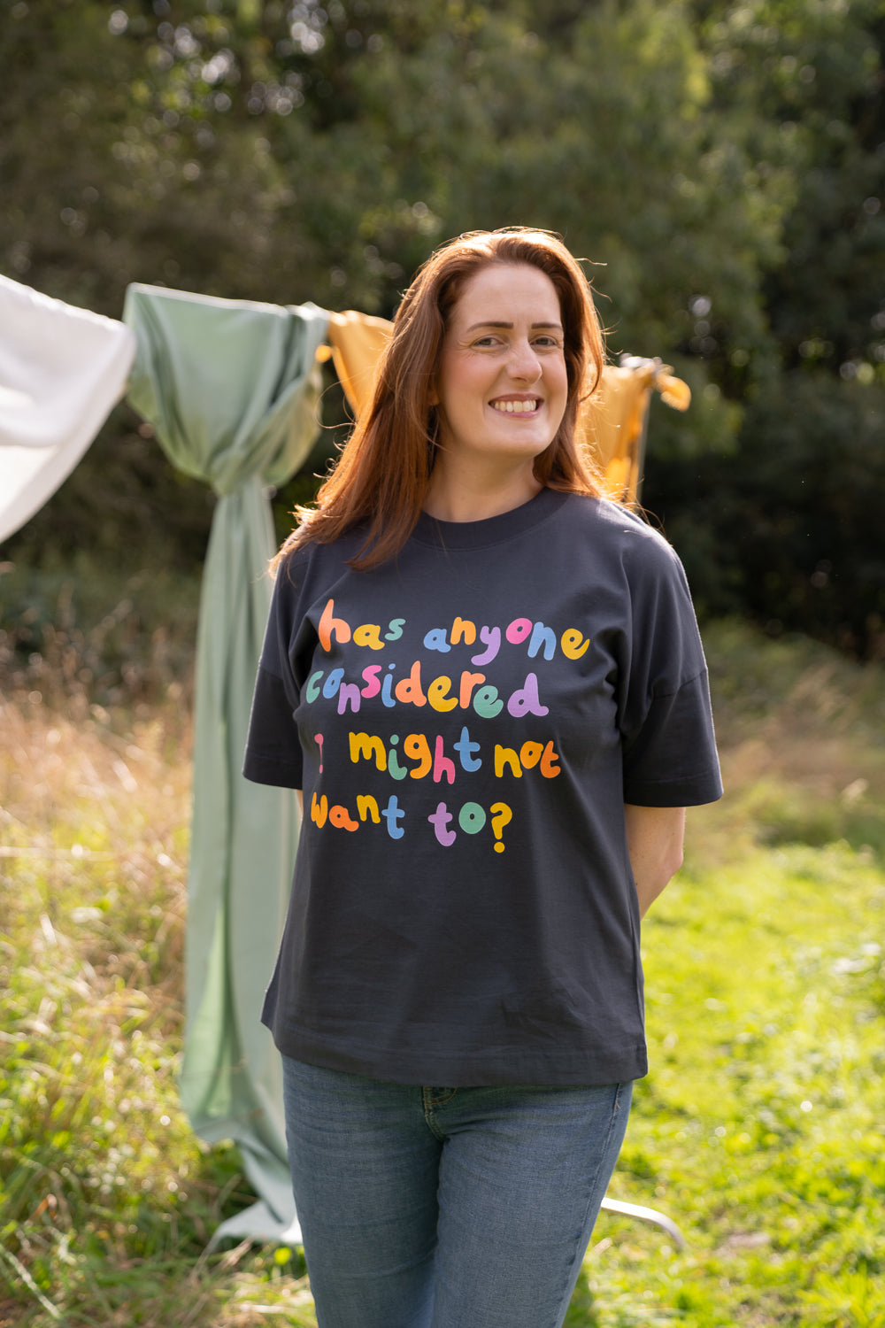 Eco-printed Has anyone considered I might not want to? Oversized Charity Tee, with Maddy Lucy Dann, Worldwide Shipping