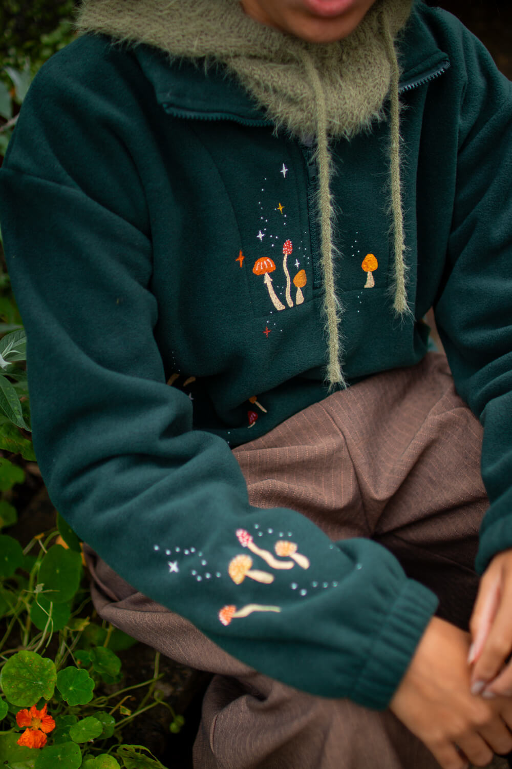 Hand Painted Mushroom 3/4 zip fleece, custom made